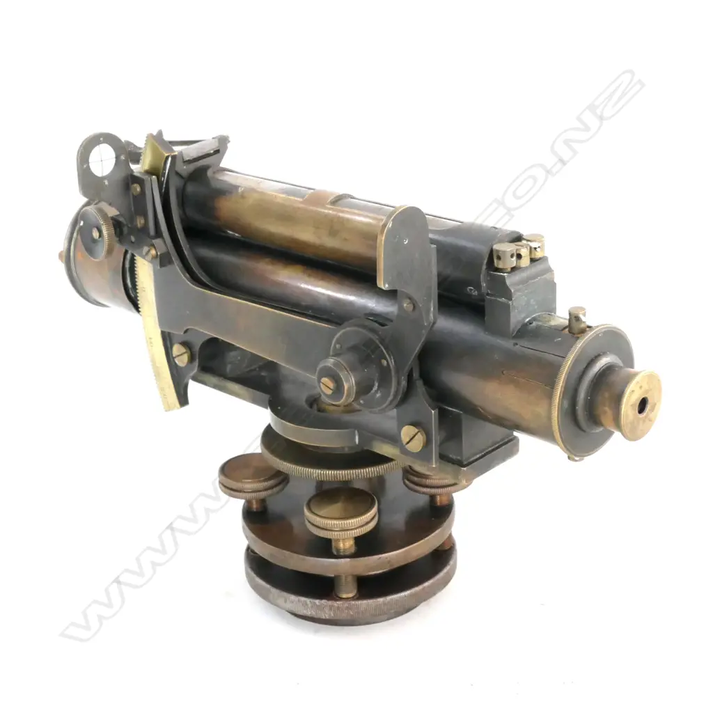 VICTORIAN BRASS SURVEYOR'S TRANSIT w TRIPOD COUPLING & ASSOCIATED TRIPOD, IN MAHOGANY CASE Image 1++